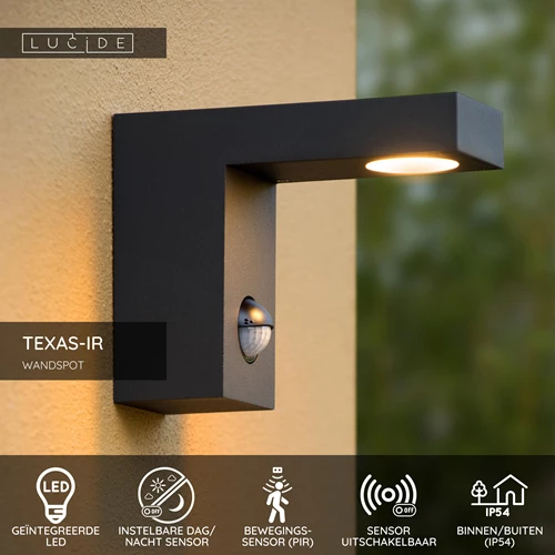 Lucide TEXAS-IR - Wandspot / Wandlamp Binnen/Buiten - LED - 1x7W 3000K - IP54 - Beweging & dag/nacht sensor (uitschakelbaar) - Antraciet - USP